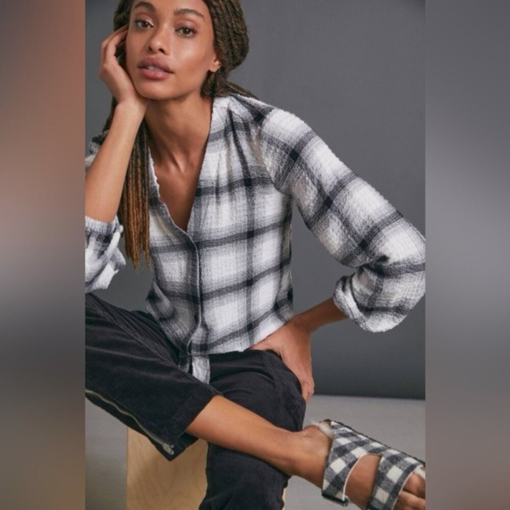 Anthropologie Black and White Plaid Blouse